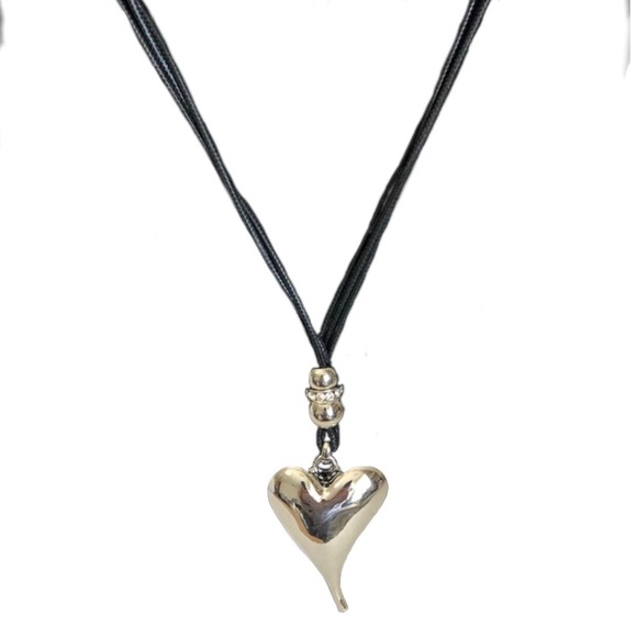 Heart Pendant Leather Rope Necklace Silver - Picture 2 of 3